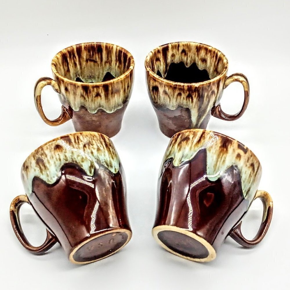 Set of 4 Vintage Canonsburg Ironstone Brown Drip Glaze Ceramic Flat Cup Mugs